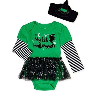 NWT Girls Long Sleeve Tutu "My First Halloween" Bodysuit & Headband Set
